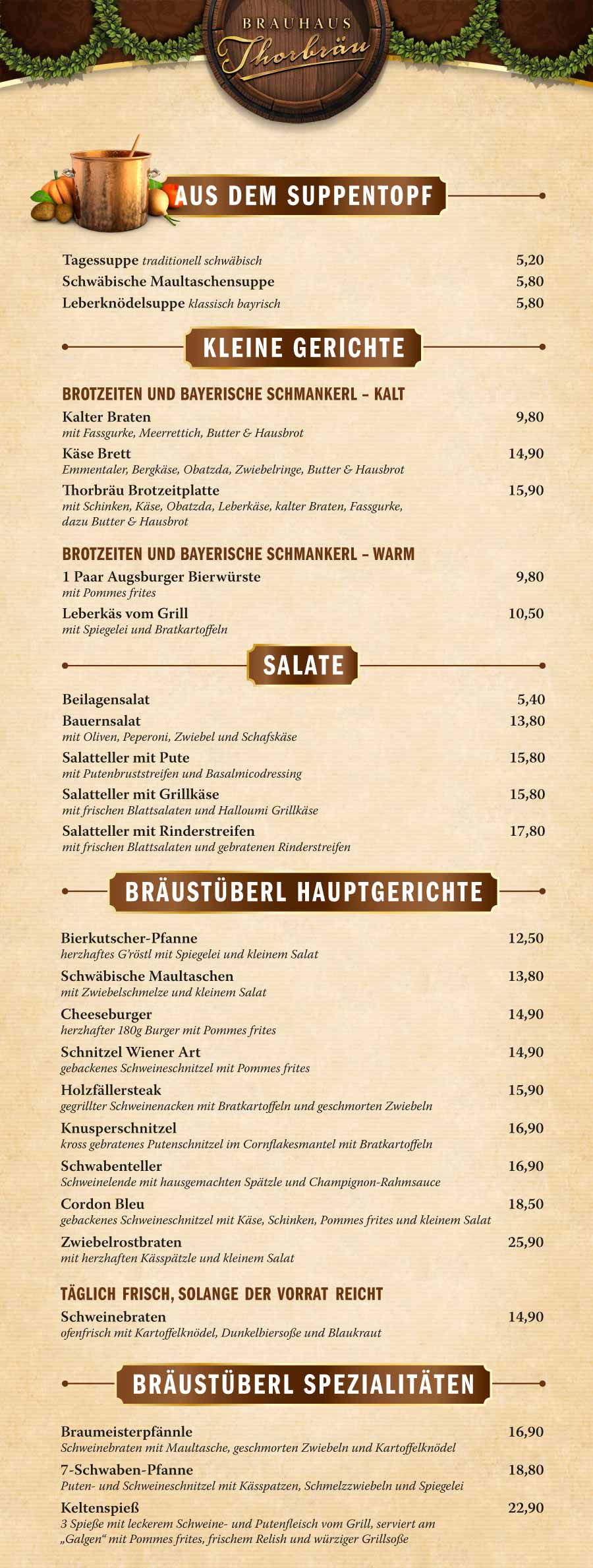 Thorbräu Bräustüberl Speisekarte2023